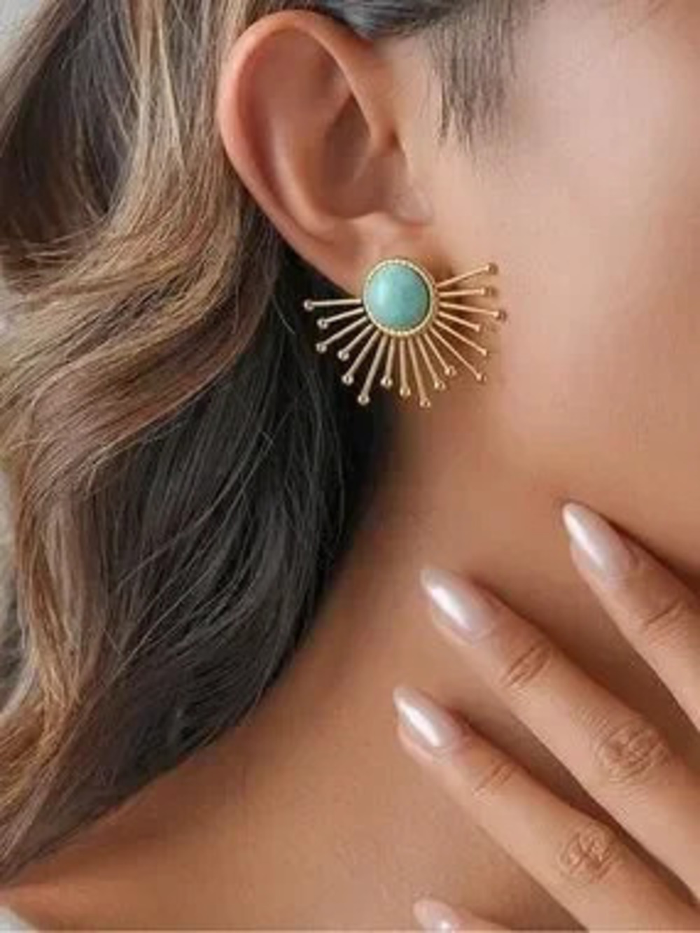 Anthropologie Gold Plated Sunburst Earrings with Turquoise Center